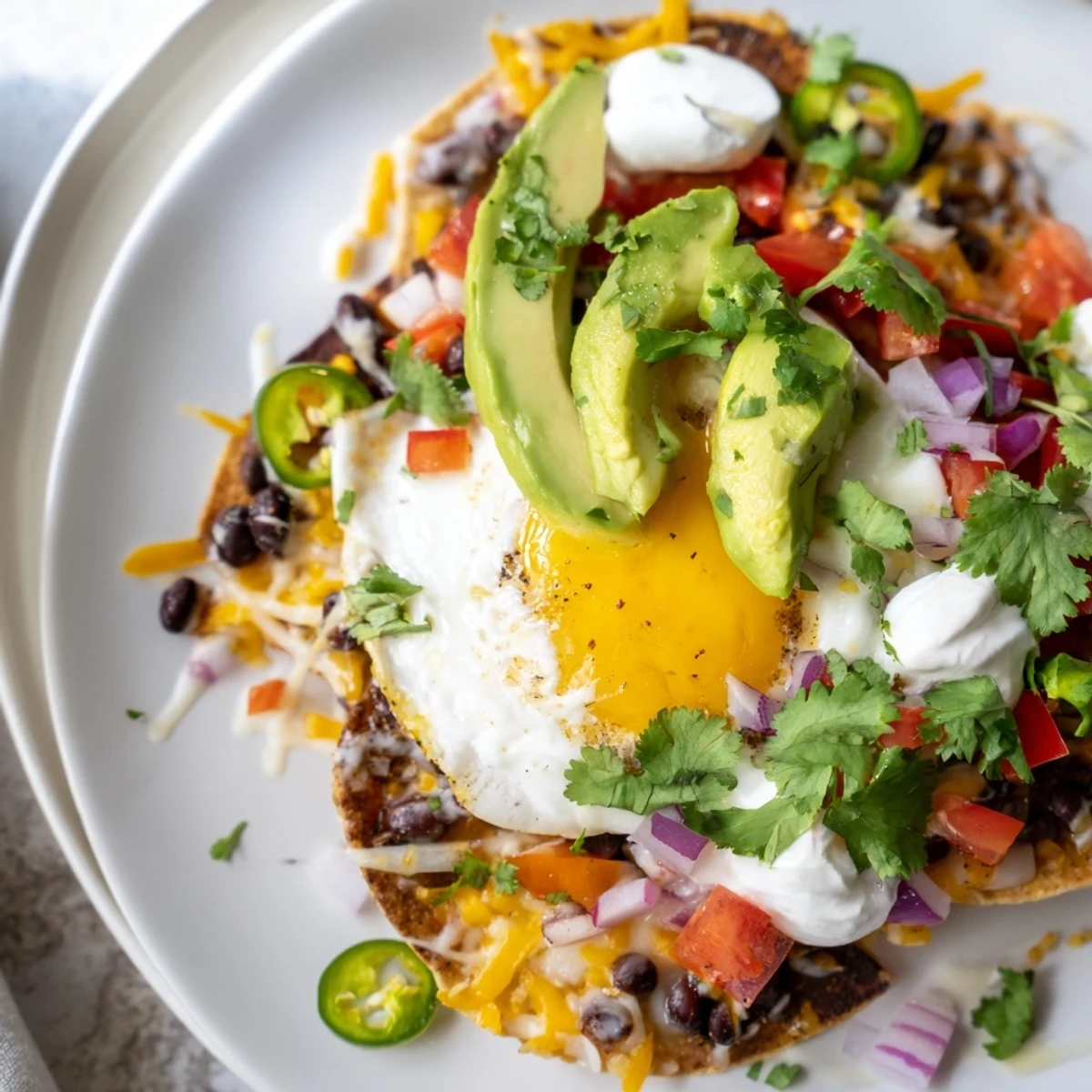 A vibrant heap of Egg-Topped Breakfast Nachos: crispy chips layered with melted cheese, and a perfect egg.
