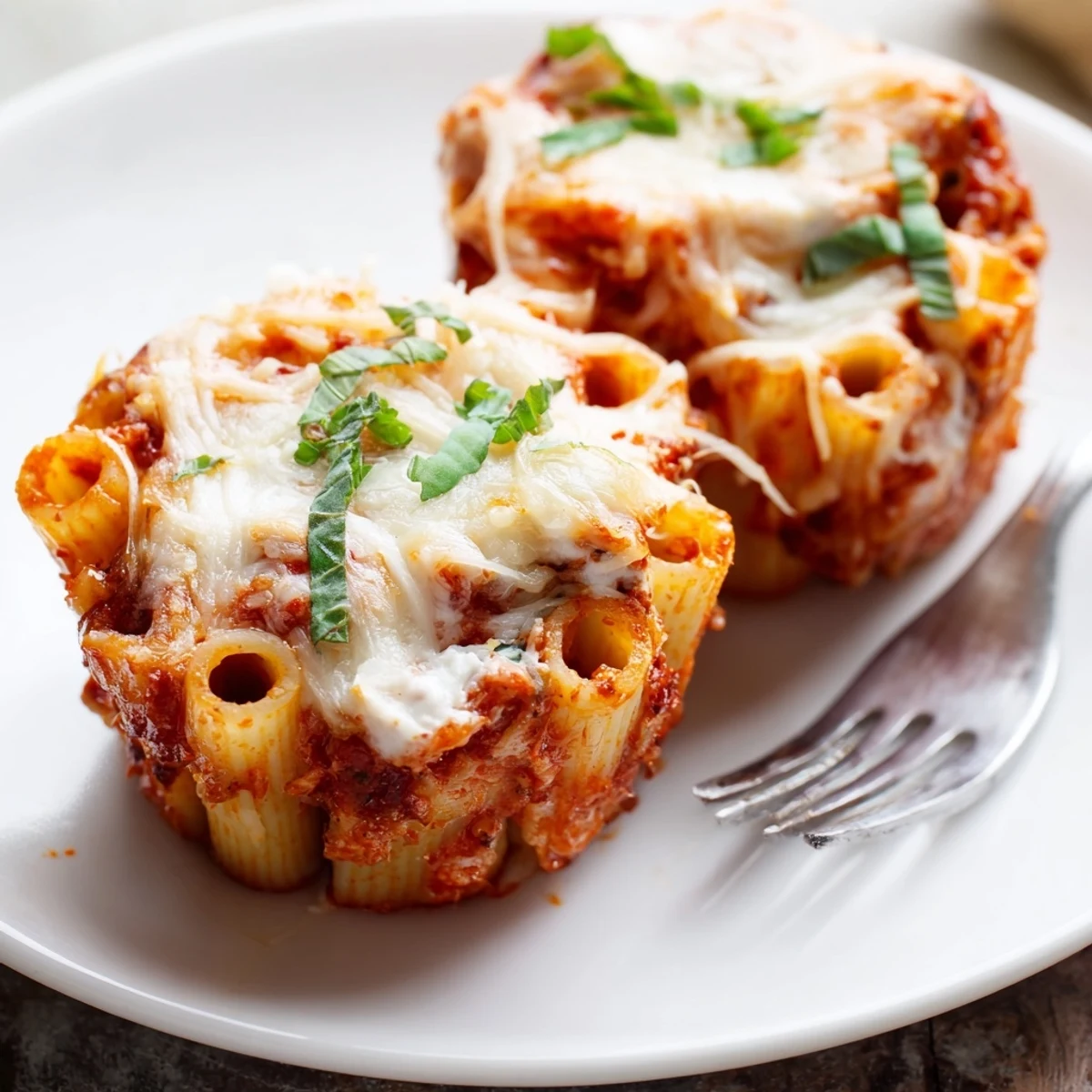 Golden-brown Baked Ziti Cups, filled with melted mozzarella and creamy ricotta, ready to serve.