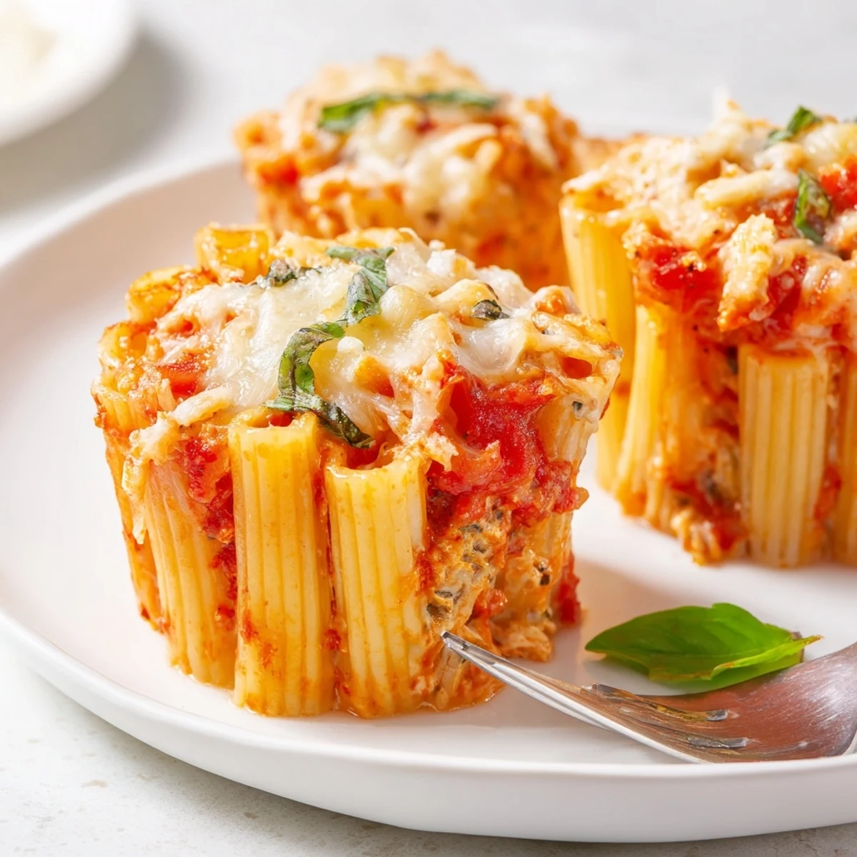Perfectly baked individual cups of Baked Ziti, showcasing bubbly cheese and a rich tomato sauce topping.