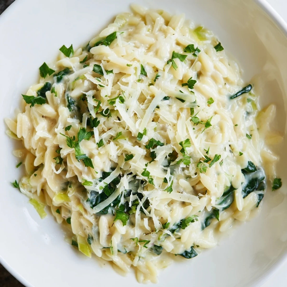 A fork twirls a bite of one-pot creamy orzo, showcasing its creamy texture with spinach.