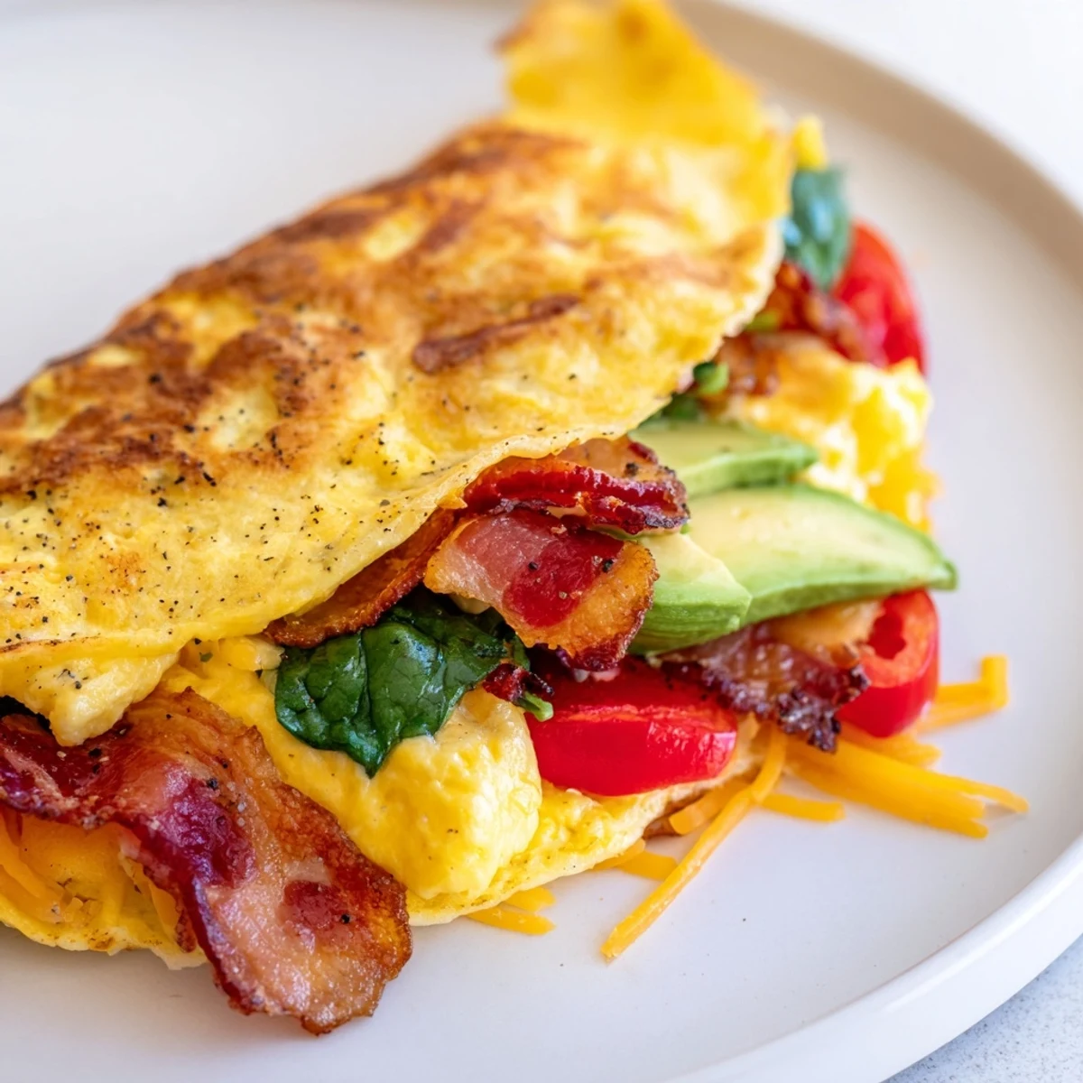 Golden, crispy breakfast wrap with melted cheese, bacon, and scrambled eggs, a perfect morning meal.