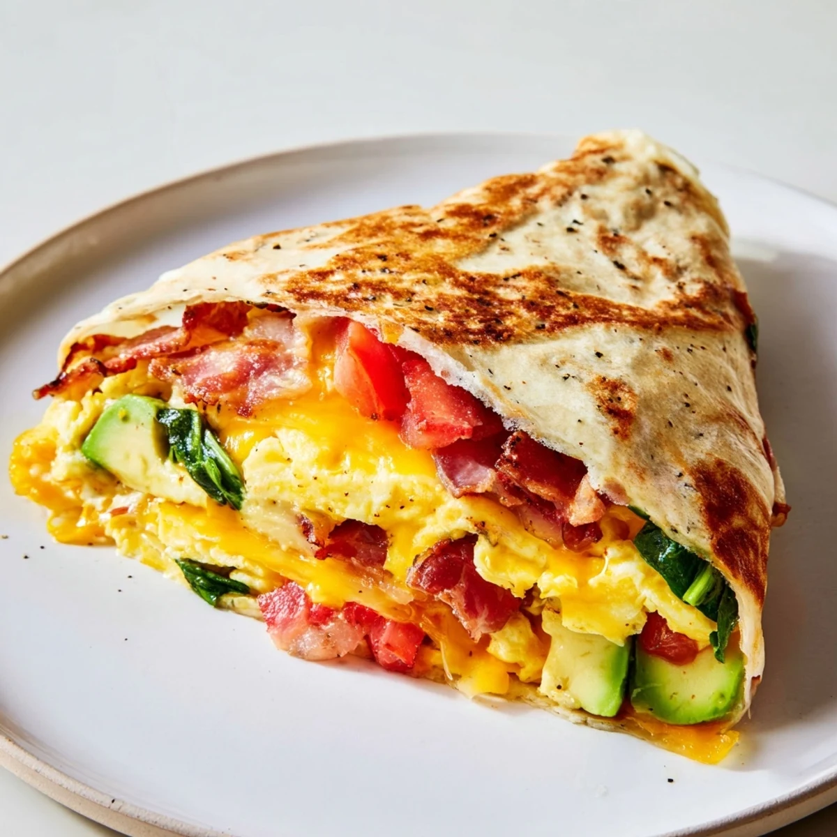 This folded tortilla hack makes a perfectly pan-fried and delicious crispy breakfast wrap, ready to eat!
