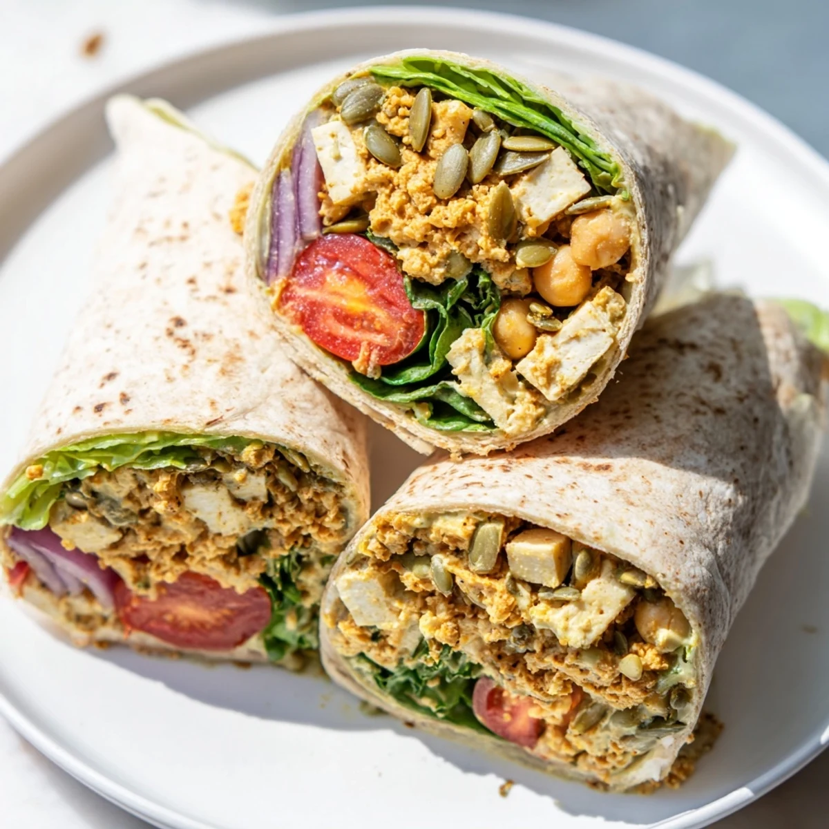 Savory High-Protein Chicken-less Caesar Wrap with fresh romaine and plant-based protein, ready to eat!