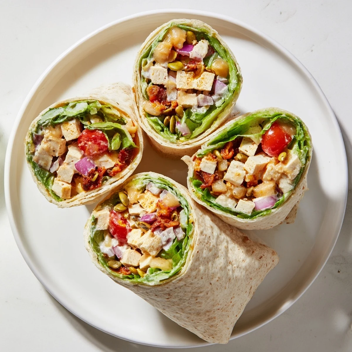Close-up of a colorful and delicious High-Protein Chicken-less Caesar Wrap, perfect for a healthy lunch.