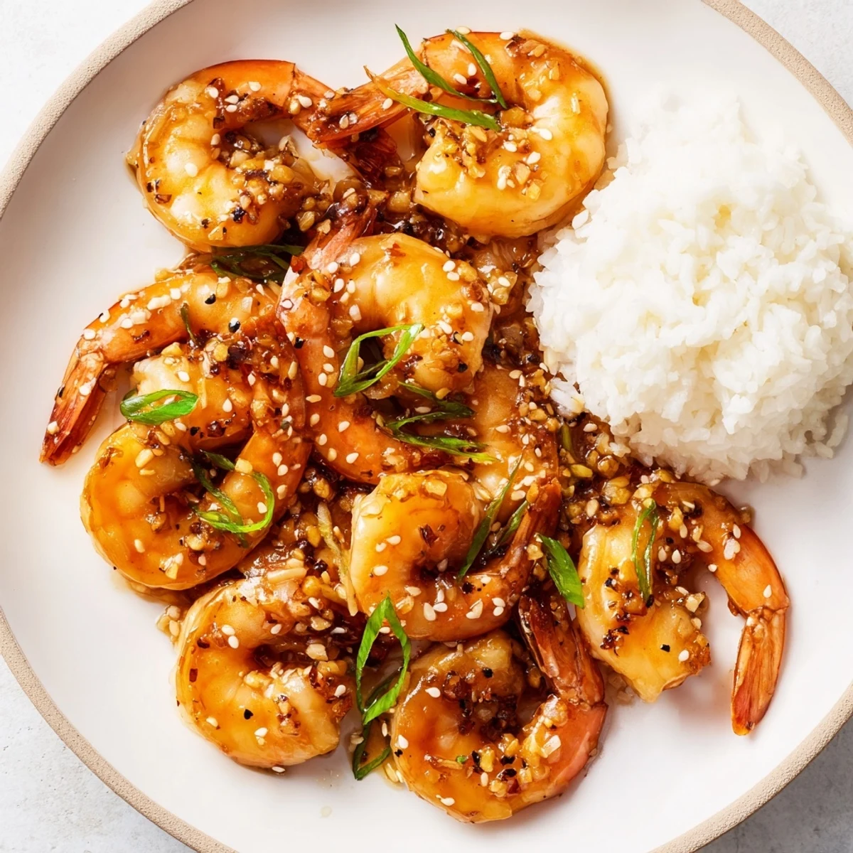 Golden Honey Garlic Shrimp served over fluffy white rice, ready for a delicious meal.