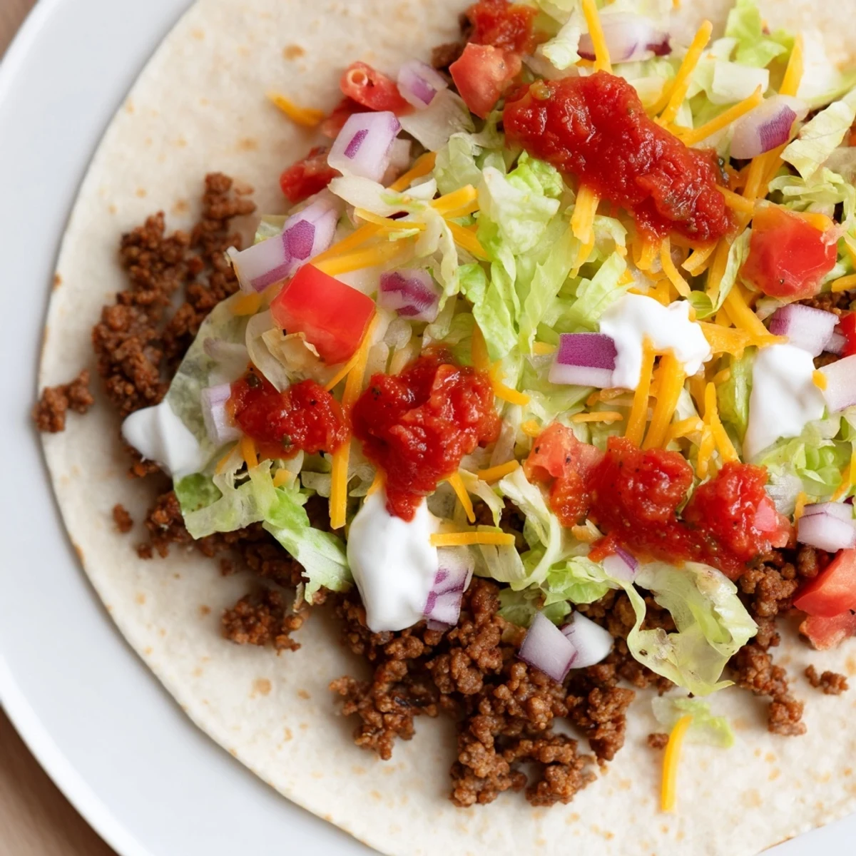 Up-close shot of stacked Crispy Smash Tacos, showcasing layers of texture and flavorful garnishes.