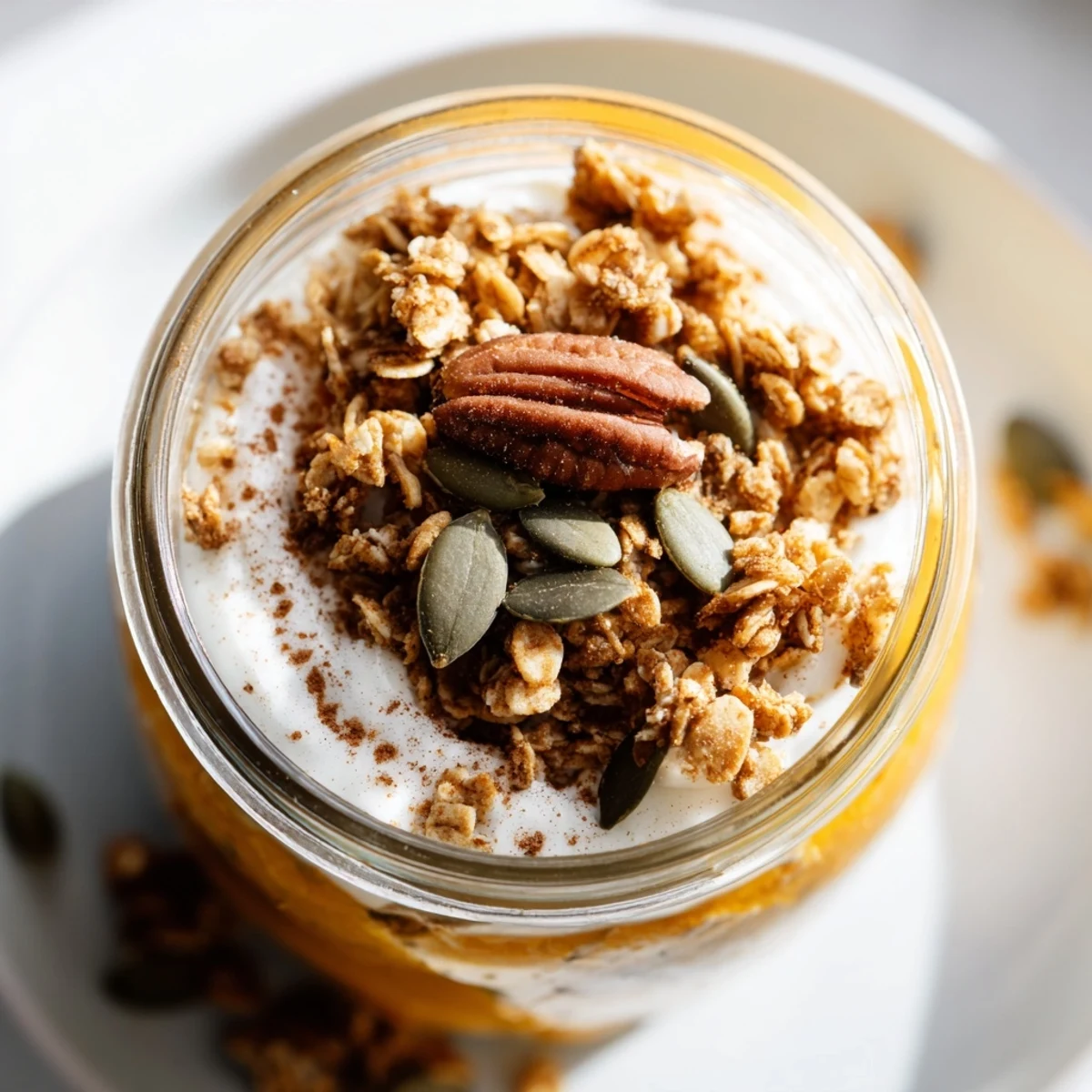 Layers of pumpkin yogurt parfait in a clear glass, ready for a delicious autumn snack.