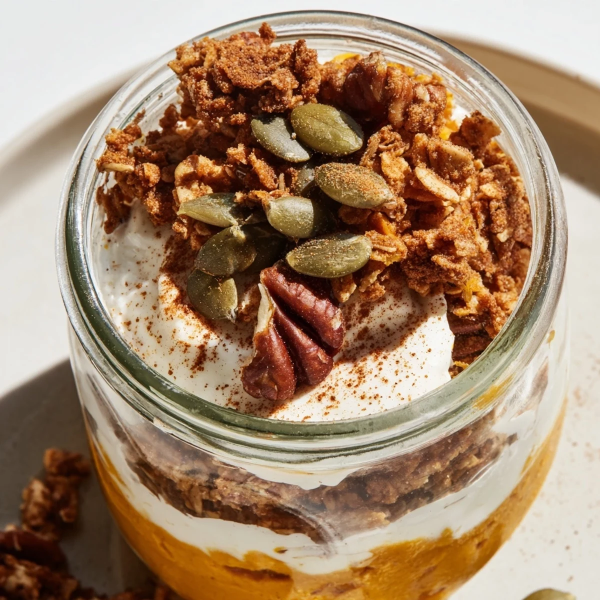 A close-up of a pumpkin yogurt parfait, showcasing the layers of creamy goodness.