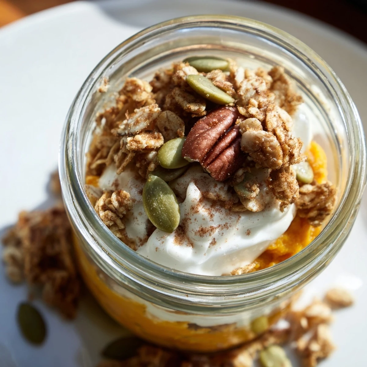 Enjoy a layered, beautiful pumpkin yogurt parfait, featuring crunchy granola and spice.