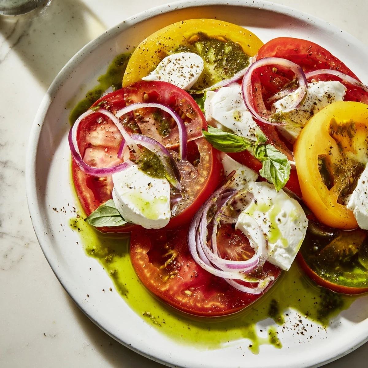 Brightly colored Summer Tomato Salad with basil oil, mozzarella, a refreshing summer dish.