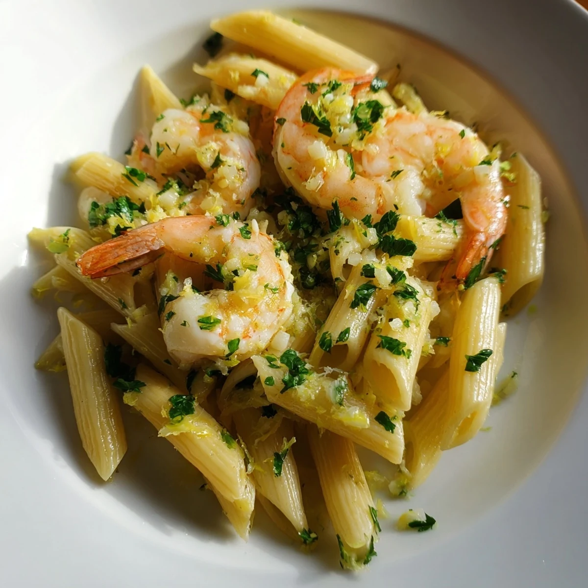 Close-up of al dente garlic shrimp penne, ready to eat and bursting with Italian flavors.