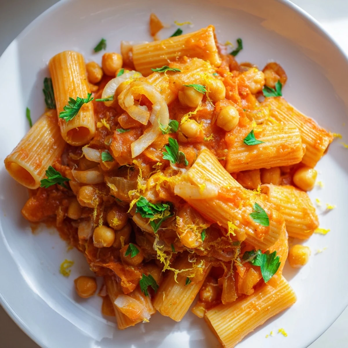 A steaming bowl of Harissa Chickpea Pasta, bright red sauce and perfectly cooked pasta.