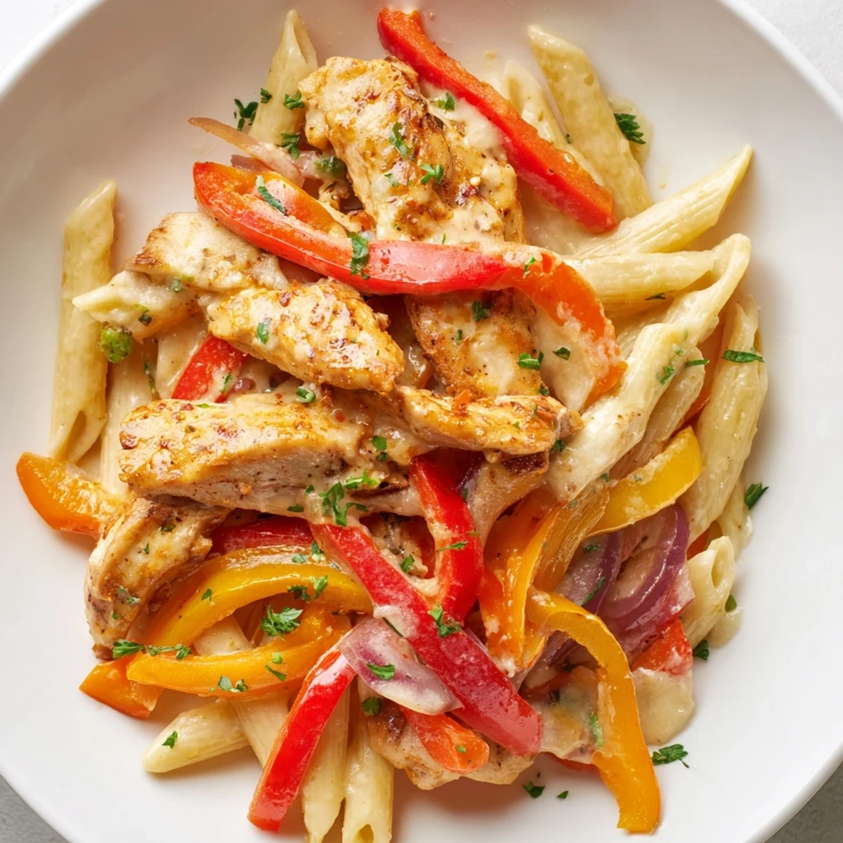A heaping plate of Cajun Chicken Pasta, garnished with fresh parsley and extra Parmesan cheese.