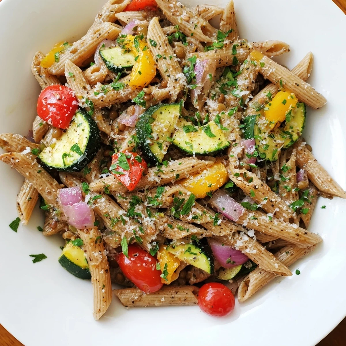 A vibrant bowl of Lentil Pasta with Vegetables, perfectly roasted for a savory and delicious dinner.