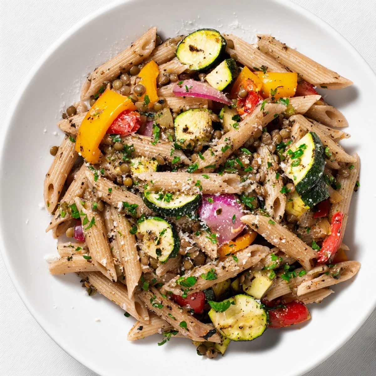 Enjoy a colorful plate of Lentil Pasta with Vegetables, tossed and steaming with fresh herbs and sauce.