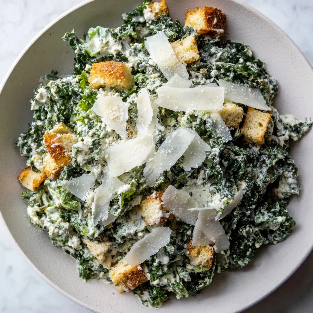 Enjoy a delicious bowl of Kale Caesar Salad bursting with fresh flavors and textures.