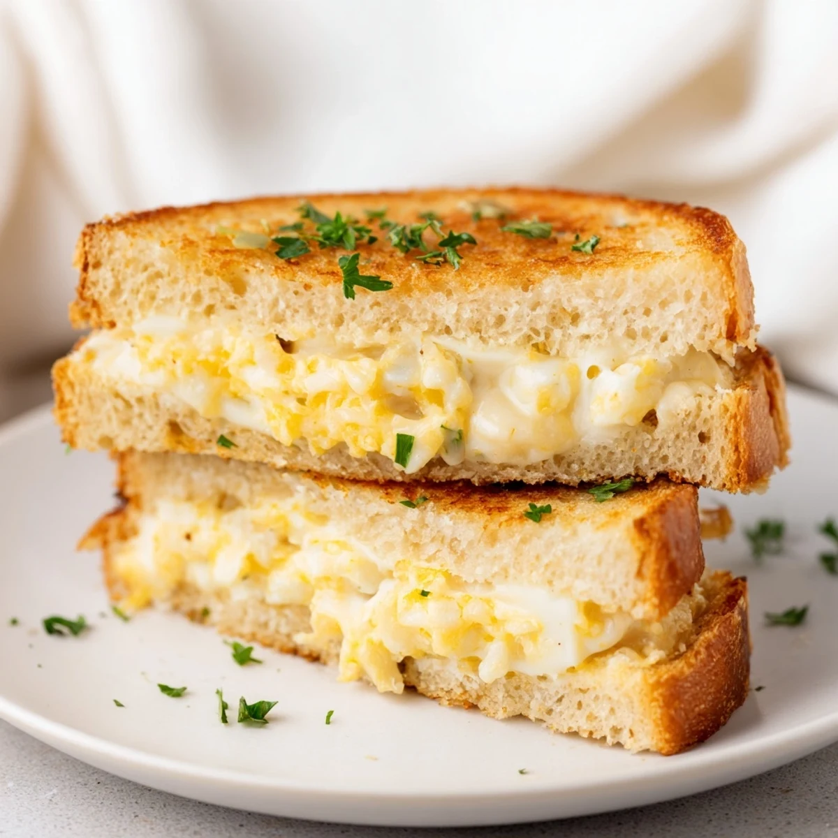 Close-up of a perfectly toasted Garlic Butter Mayo Grilled Cheese, cheese pull showing gooey mozzarella.