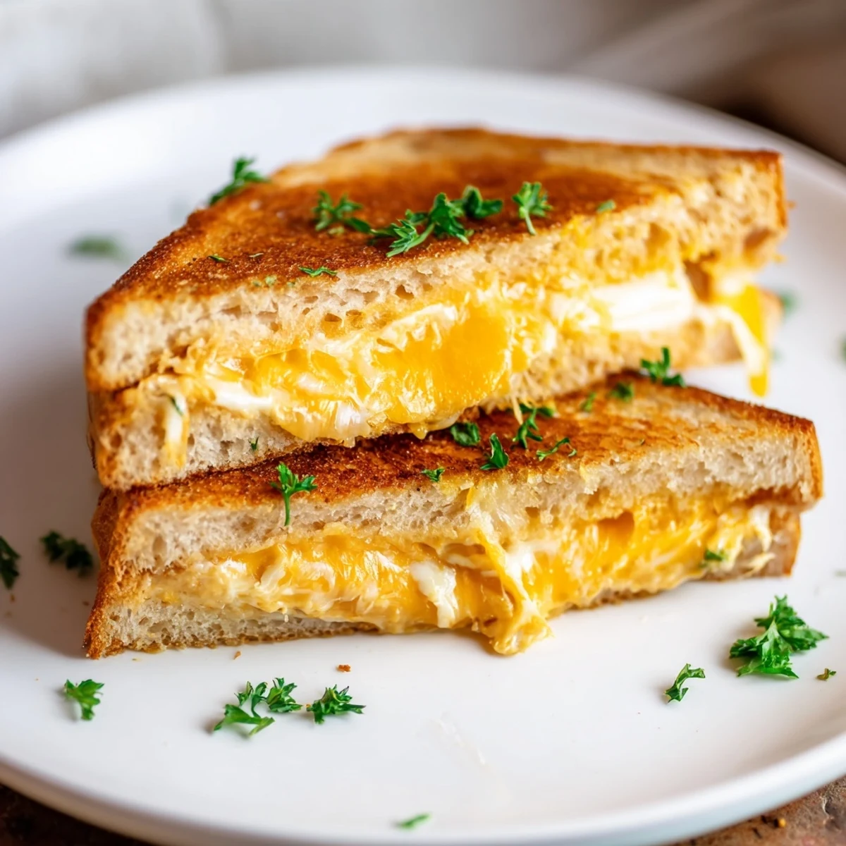 Homemade Garlic Butter Mayo Grilled Cheese: a quick and easy vegetarian comfort food sandwich, cut in half.
