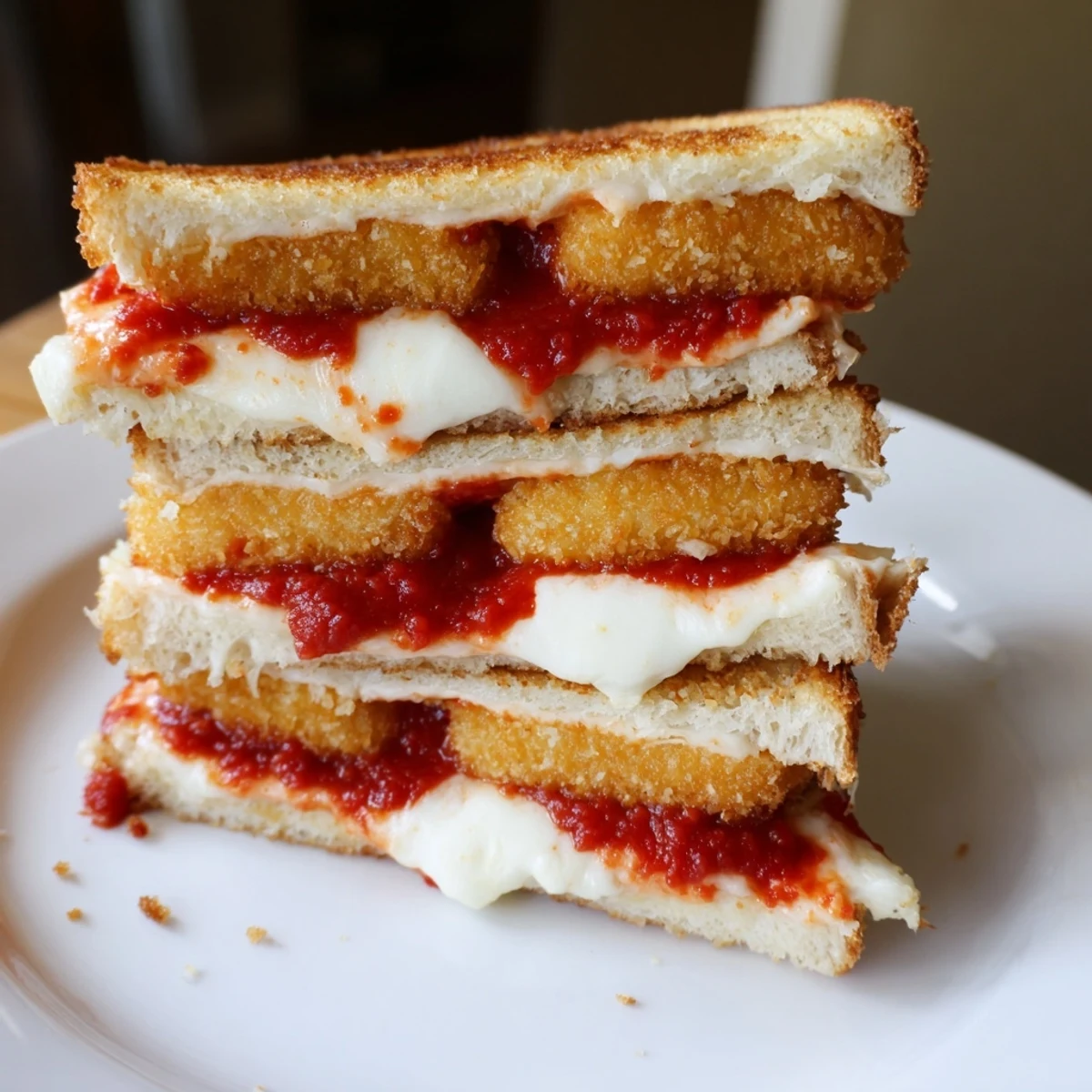 Golden-brown Mozzarella Stick Grilled Cheese, oozing melted cheese and marinara, ready to eat.