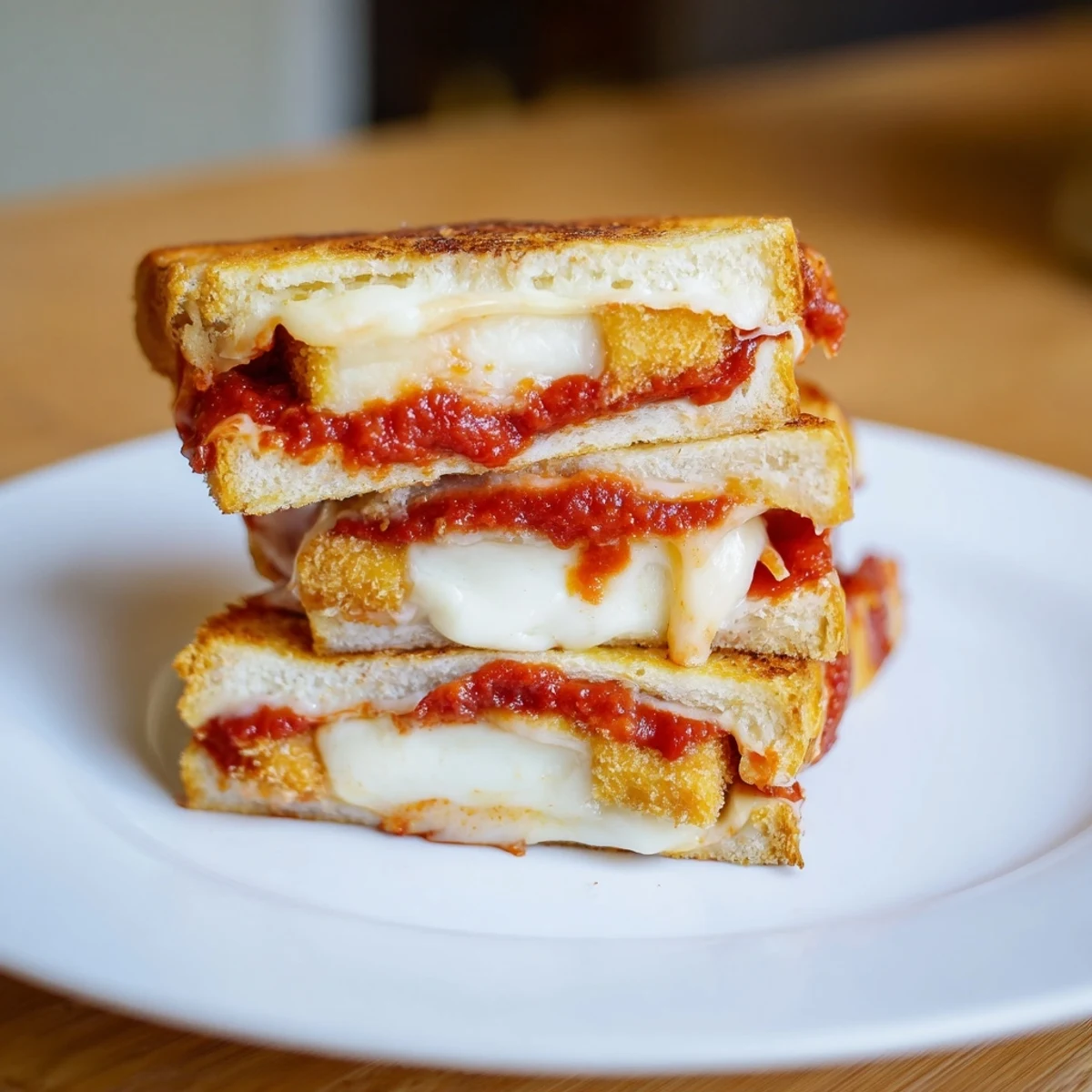 A close-up of a perfectly grilled Mozzarella Stick Grilled Cheese, sliced and served with dipping sauce.