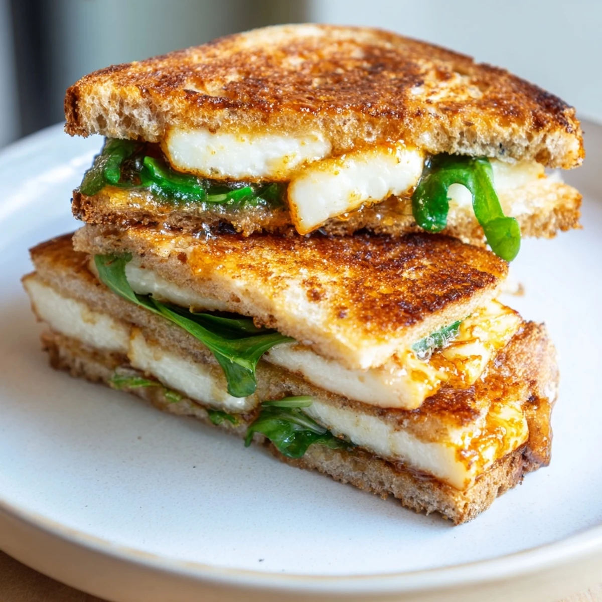 Perfectly grilled crispy halloumi grilled cheese, oozing cheese, ready to be enjoyed with a tomato soup.
