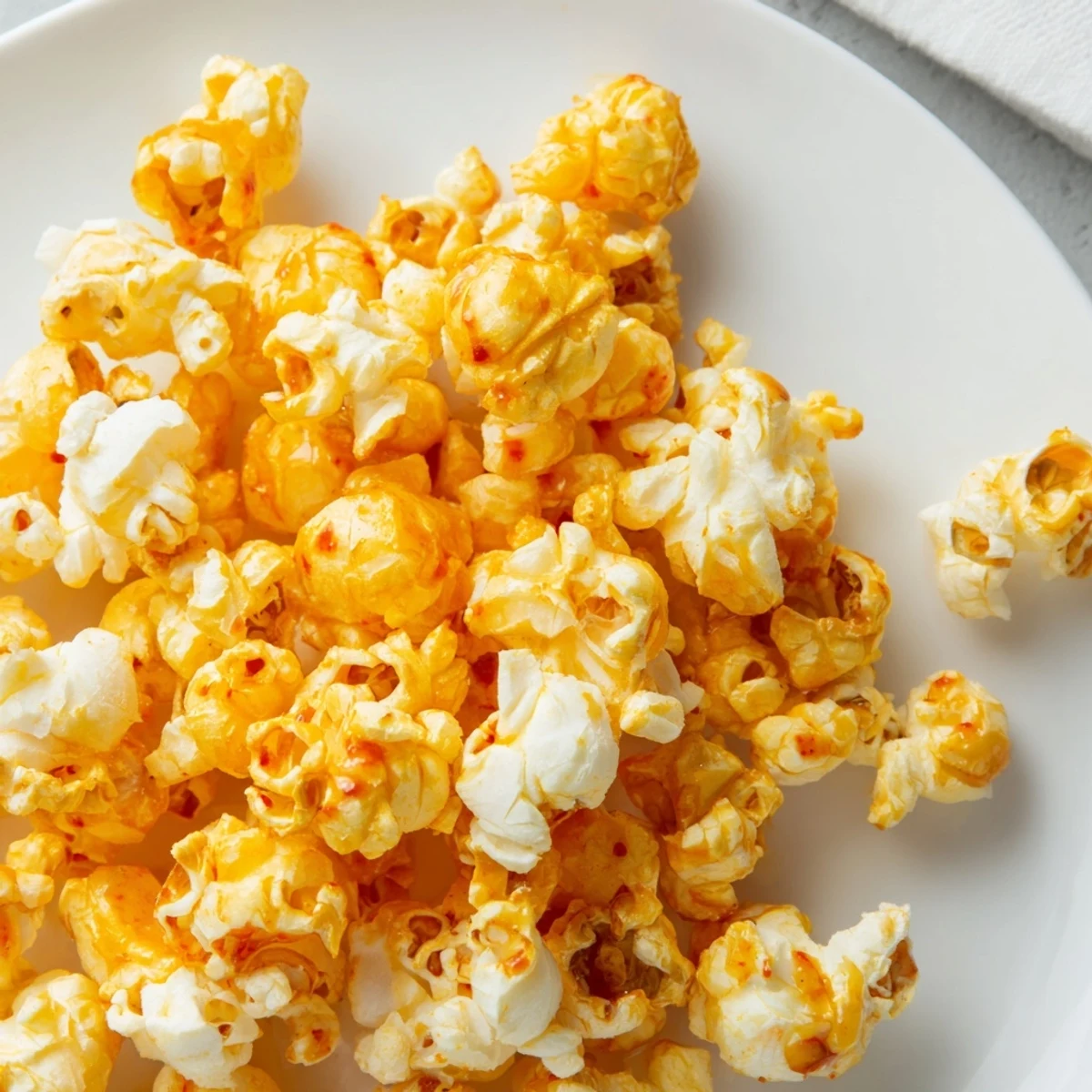 A close-up of delicious hot honey butter popcorn, with visible chili flakes and melted butter.