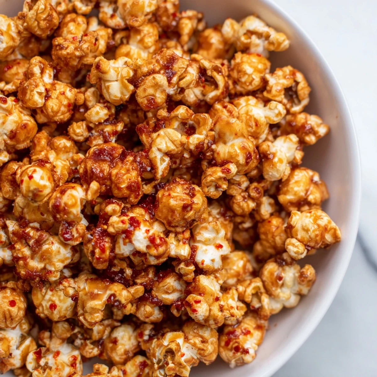 Freshly made hot honey butter popcorn, a crunchy snack coated in a sweet and savory glaze.
