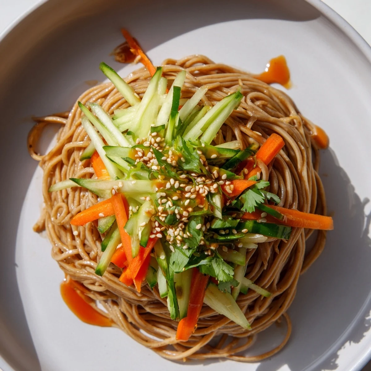 Close-up of savory Chilled Noodle Lunch Cups, emphasizing the cold noodles and crisp cucumber topping.
