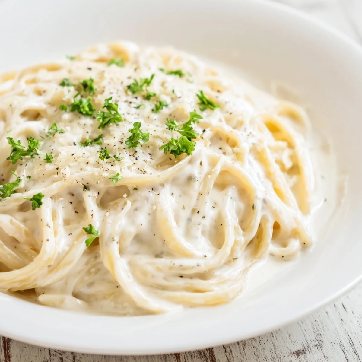 Thick cottage cheese Alfredo sauce, rich and white, is cooked and ready for your favorite pasta.