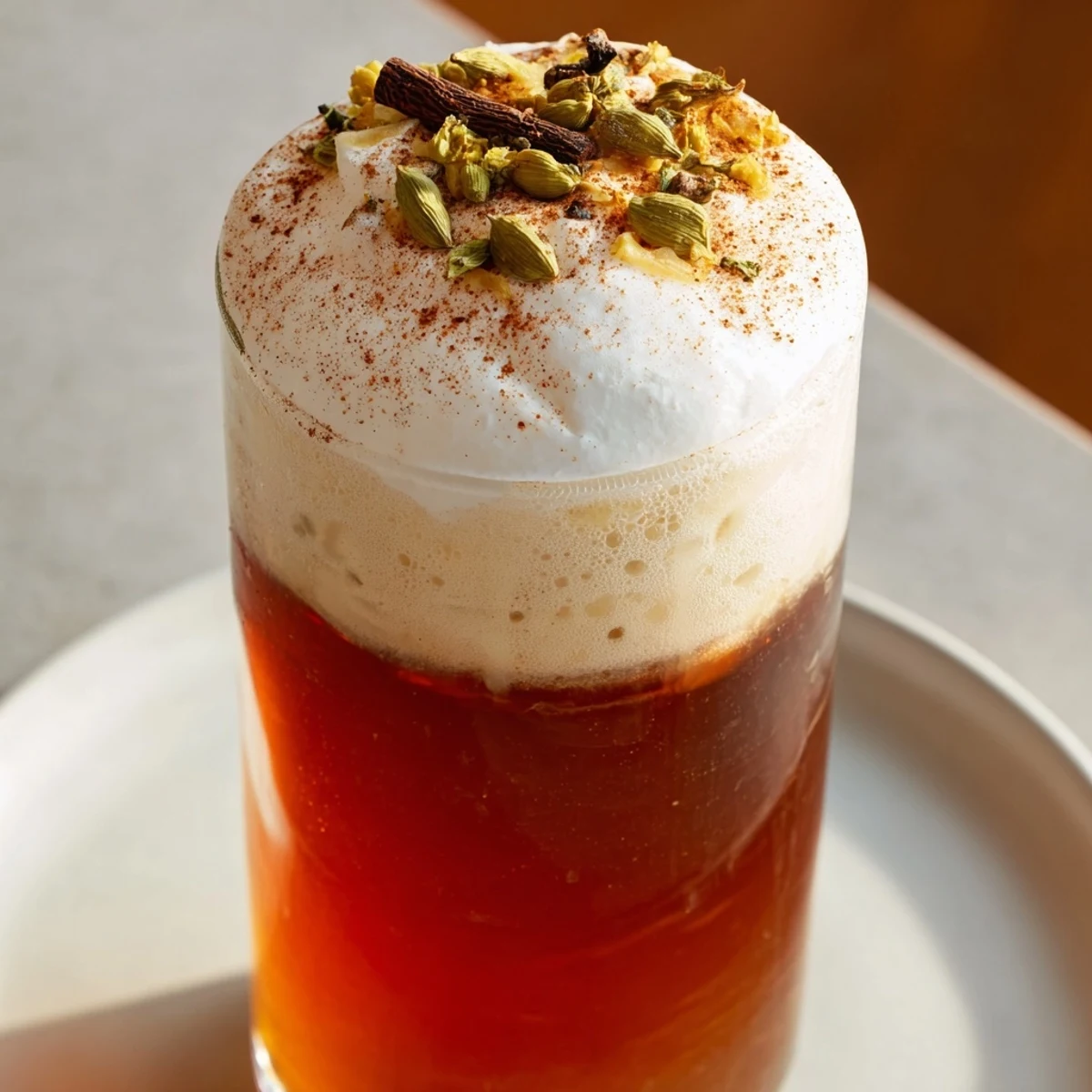 Frothy cold foam cascades over a glass of homemade iced chai, a refreshing, spiced delight.