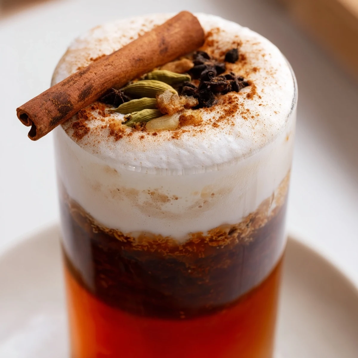 A close-up of a refreshing Homemade Iced Chai, swirling with cold foam and hints of spice.