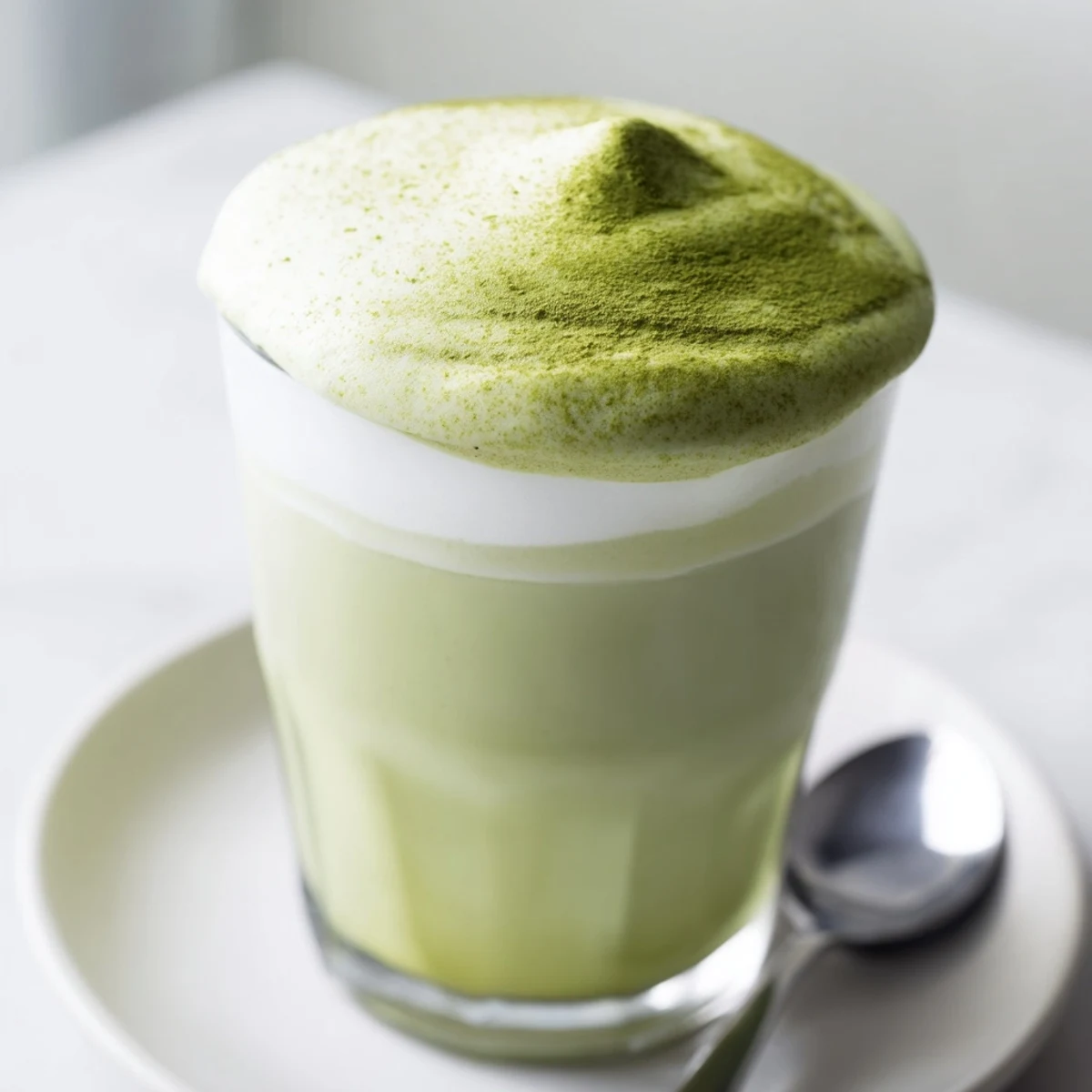 Bright green creamy matcha latte, frothy and inviting, topped with fluffy cold foam, a perfect treat.
