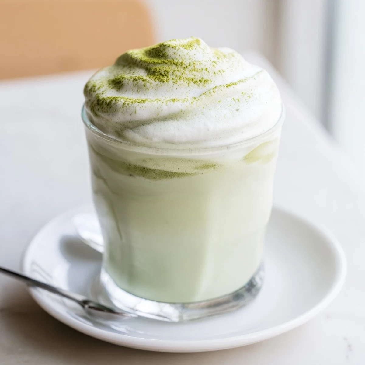Enjoy a refreshing creamy matcha latte, a vibrant green beverage with a cloud of sweetened cold foam.