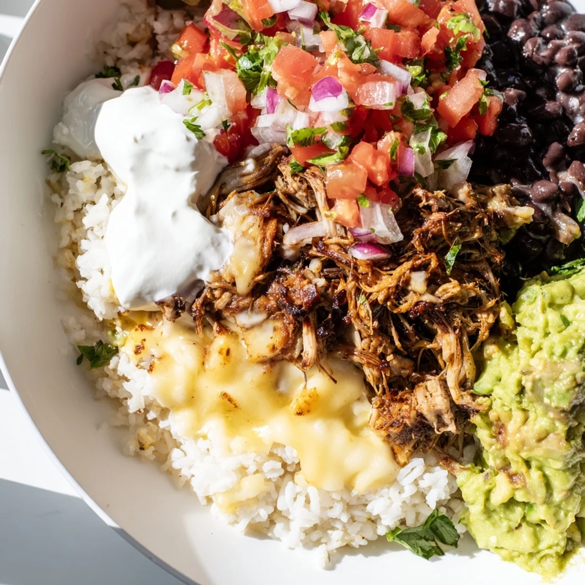 A colorful Chipotle burrito bowl copycat with shredded carnitas, beans, and fresh toppings, ready to eat.