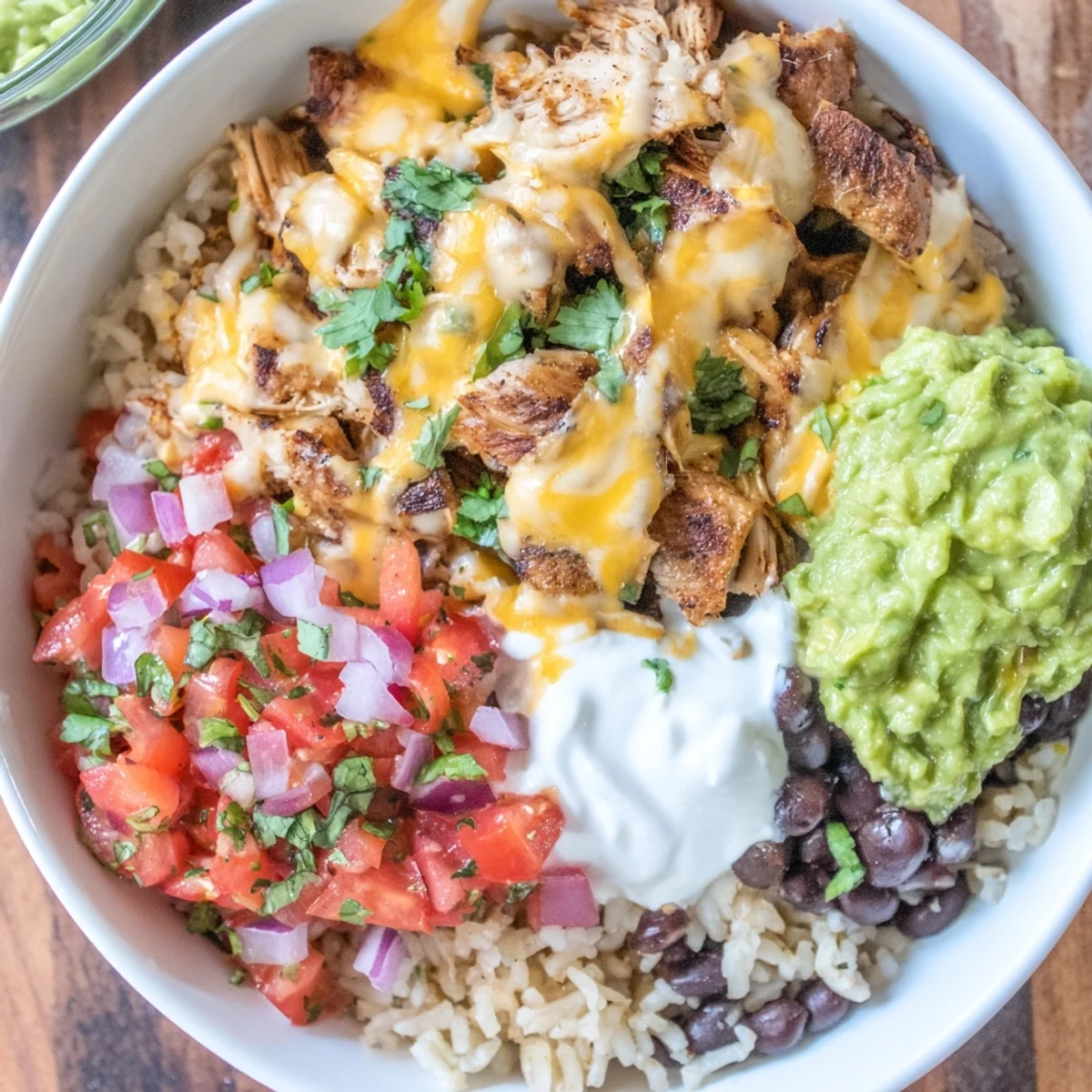 This vibrant photo shows a loaded Chipotle burrito bowl copycat with various toppings and creamy queso.
