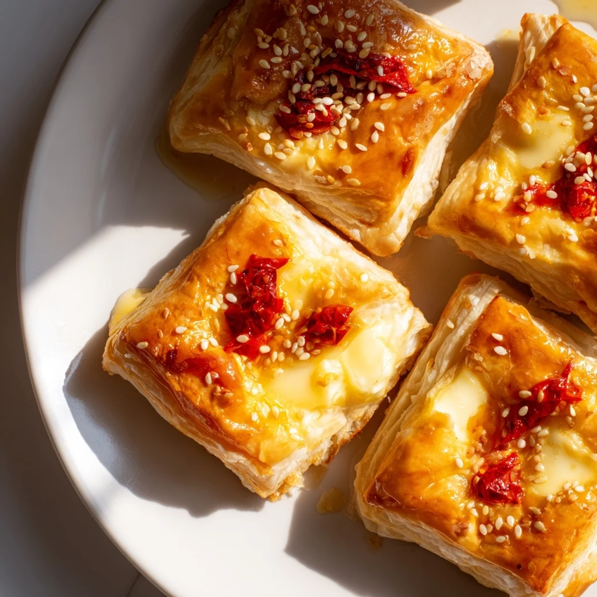 A close-up shot of baked Chili Crisp Honey Brie Bites, golden brown with a sweet and spicy drizzle.
