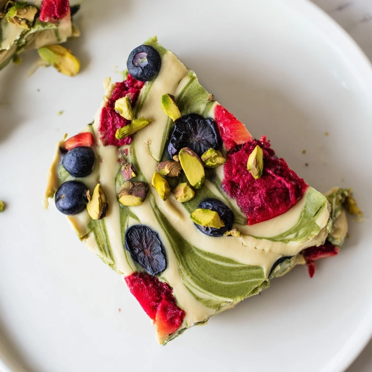 Creamy frozen yogurt bark swirled with vibrant berries and matcha, perfect for a refreshing dessert.