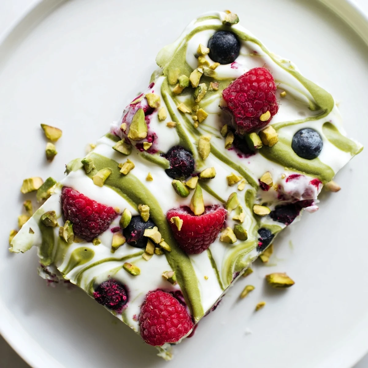 This colorful frozen yogurt bark features a marbled design with pistachio cream and fresh fruit toppings.