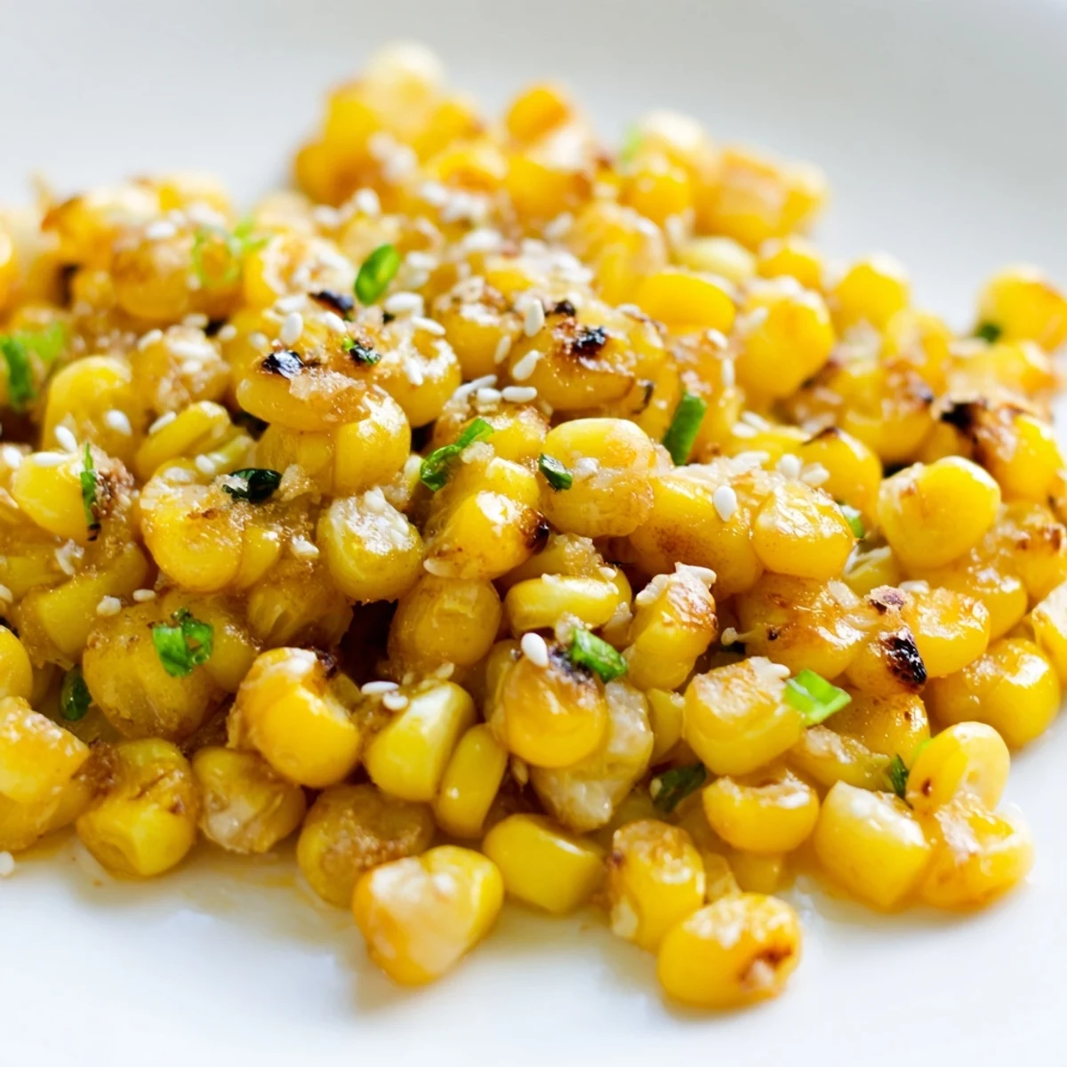 Close-up of buttery Japanese Butter Corn, perfectly seasoned and sprinkled with scallions for the perfect flavor.