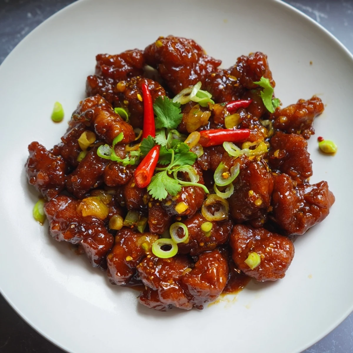 Vibrant plate of Vietnamese Caramel Chicken; bite-sized pieces mingle with a flavorful, rich sauce.