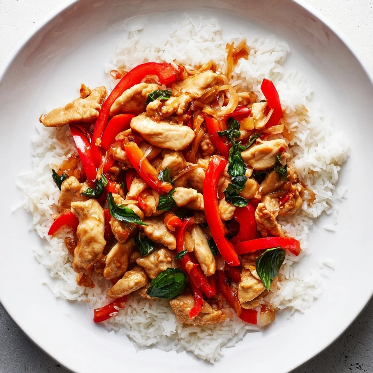 Steaming Thai Basil Chicken Bowls, showcasing stir-fried chicken and vibrant vegetables over fluffy rice.