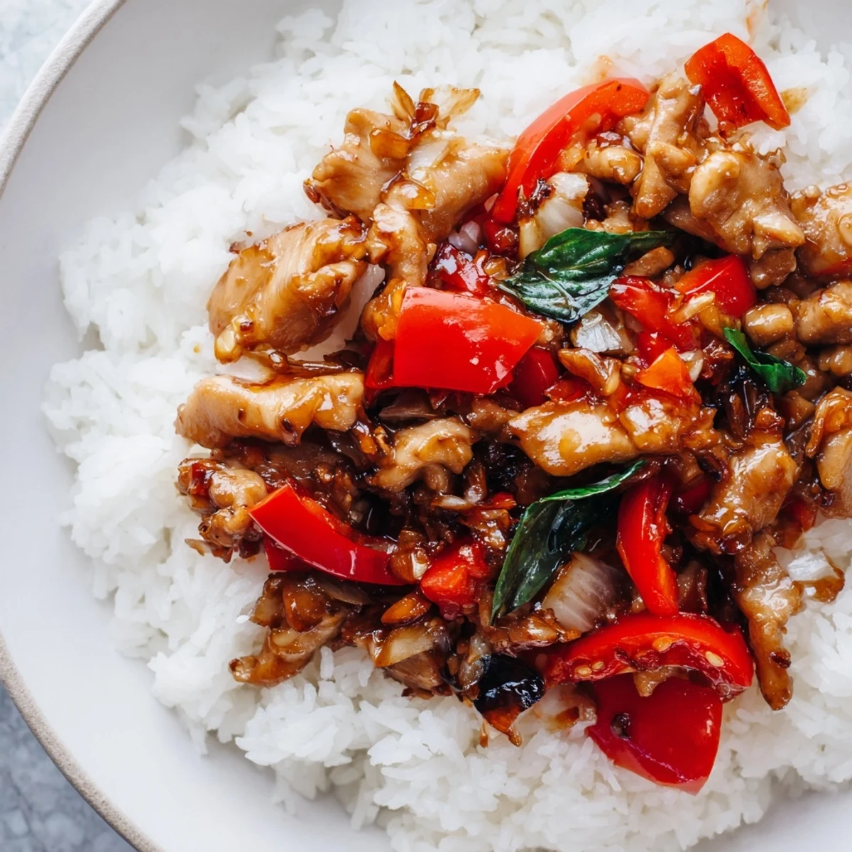 Brightly colored Thai Basil Chicken Bowls with fresh basil garnish, ready to enjoy with lime wedges.
