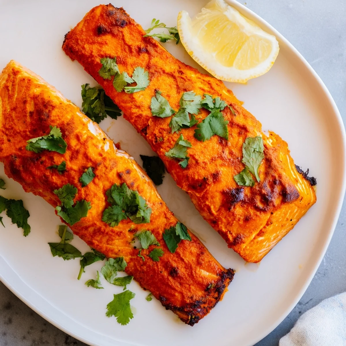 Golden Indian Tikka Salmon, beautifully roasted, with vibrant red spice and fresh cilantro garnish.
