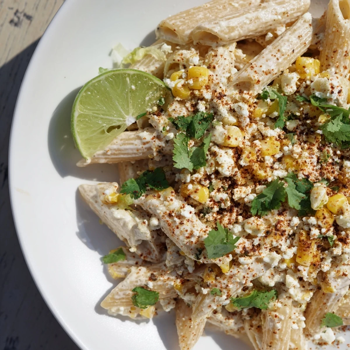 Creamy Mexican Street Corn Pasta, topped with cotija and cilantro, ready to be served.