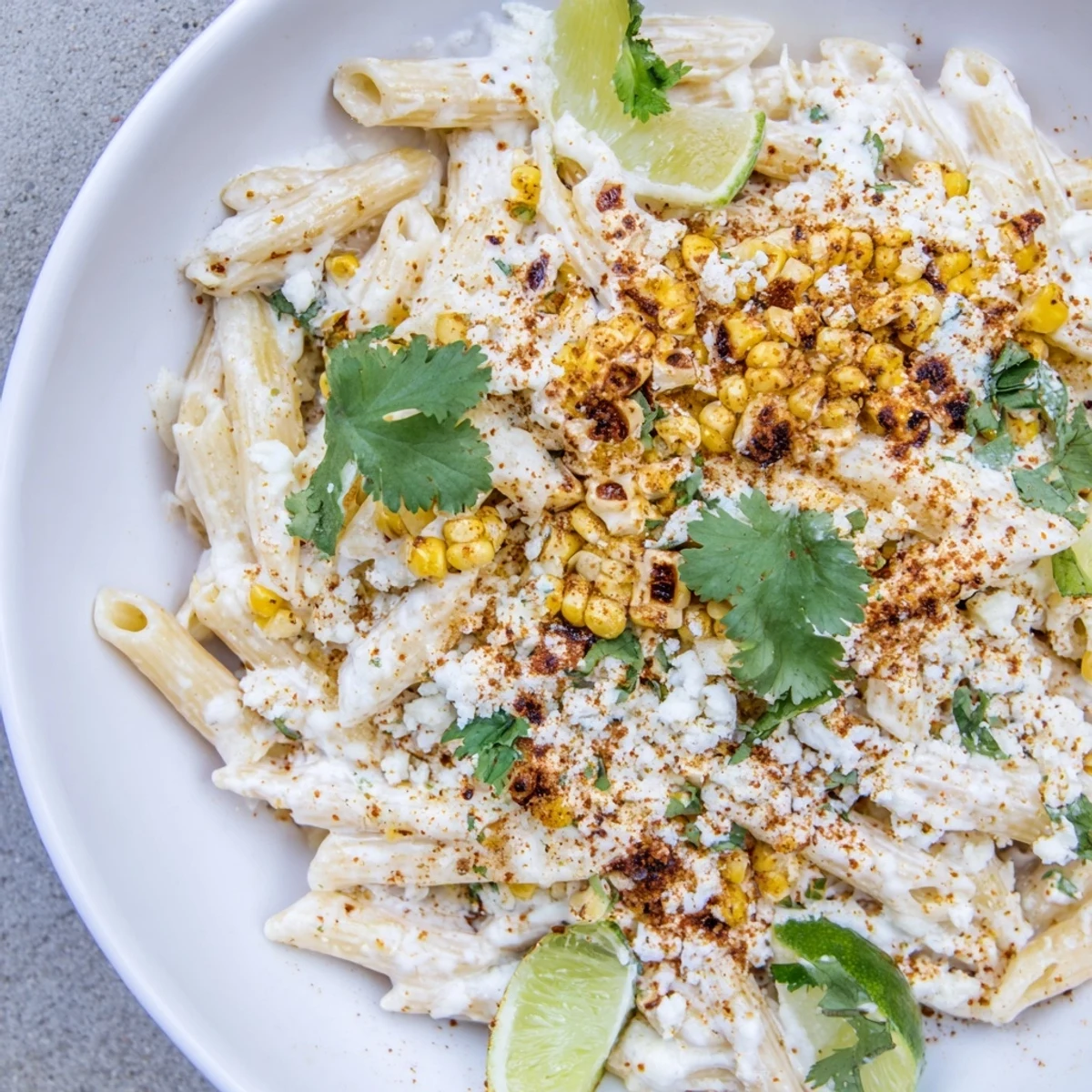 Tempting bowl of hot Mexican Street Corn Pasta boasting a rich, creamy sauce and lime.