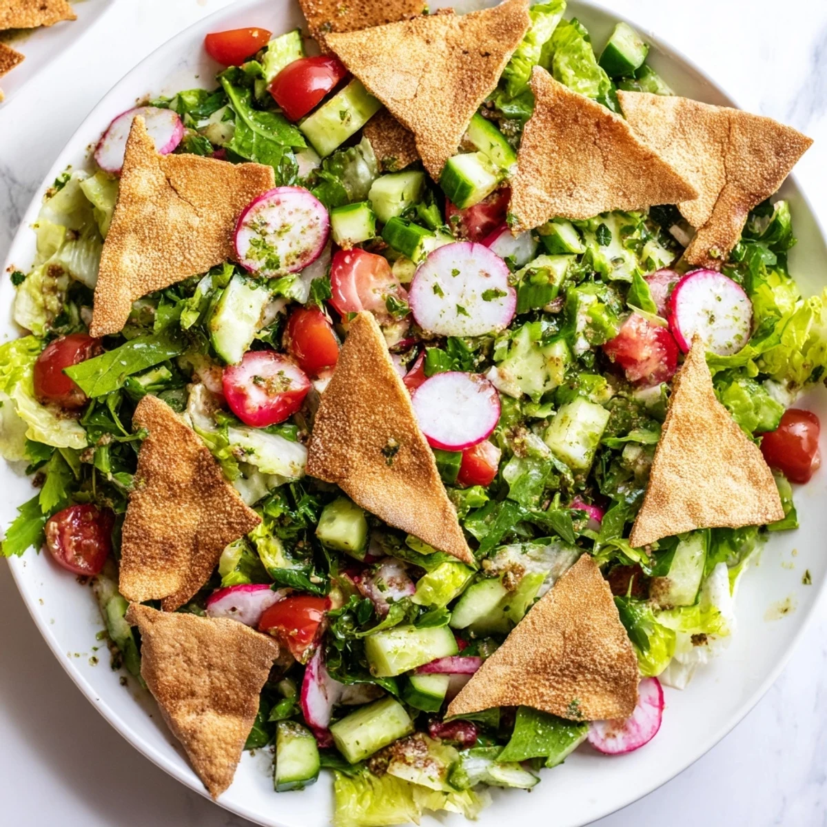 Vibrant image: This Fattoush Salad displays fresh ingredients with a tangy sumac dressing drizzled atop.
