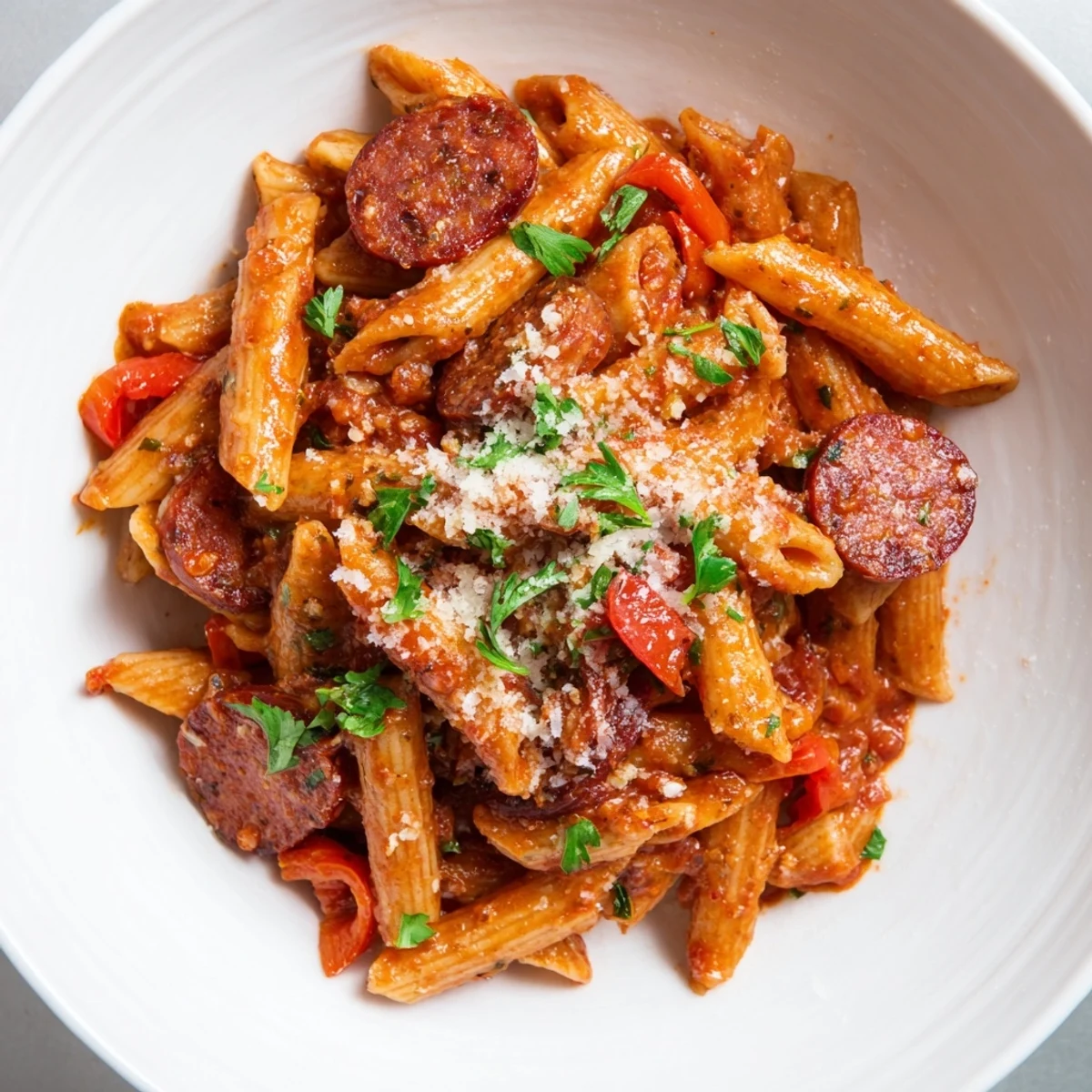 A close-up shot of fiery Spanish Chorizo Pasta, garnished with fresh parsley and cheese.