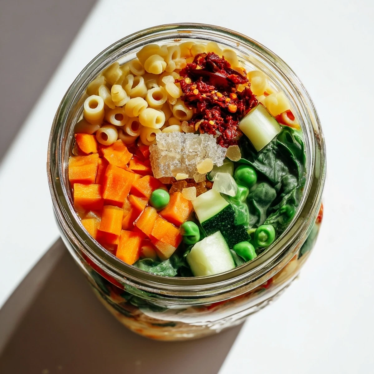 Spoon stirring a steaming hot serving of Minestrone Soup garnished with Parmesan and fresh herbs.