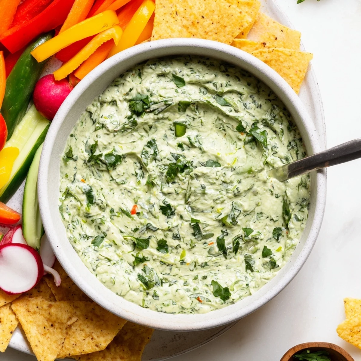 A vibrant bowl of Green Goddess Salad Dip garnished with fresh herbs, served with crisp cucumber slices and colorful bell pepper strips.