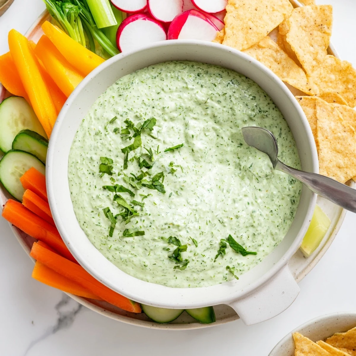 Chilled Green Goddess Salad Dip with creamy texture and bright green herbs, paired with carrot sticks and radishes on a wooden board.
